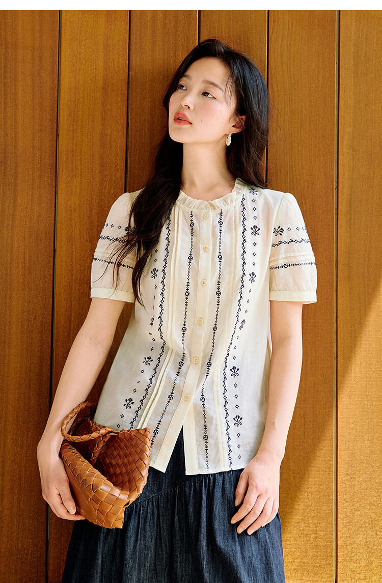 Inman French Style 100% Cotton Embroidered Shirt Summer Women's Casual Vacation Short Sleeve Blouse Beige M 8