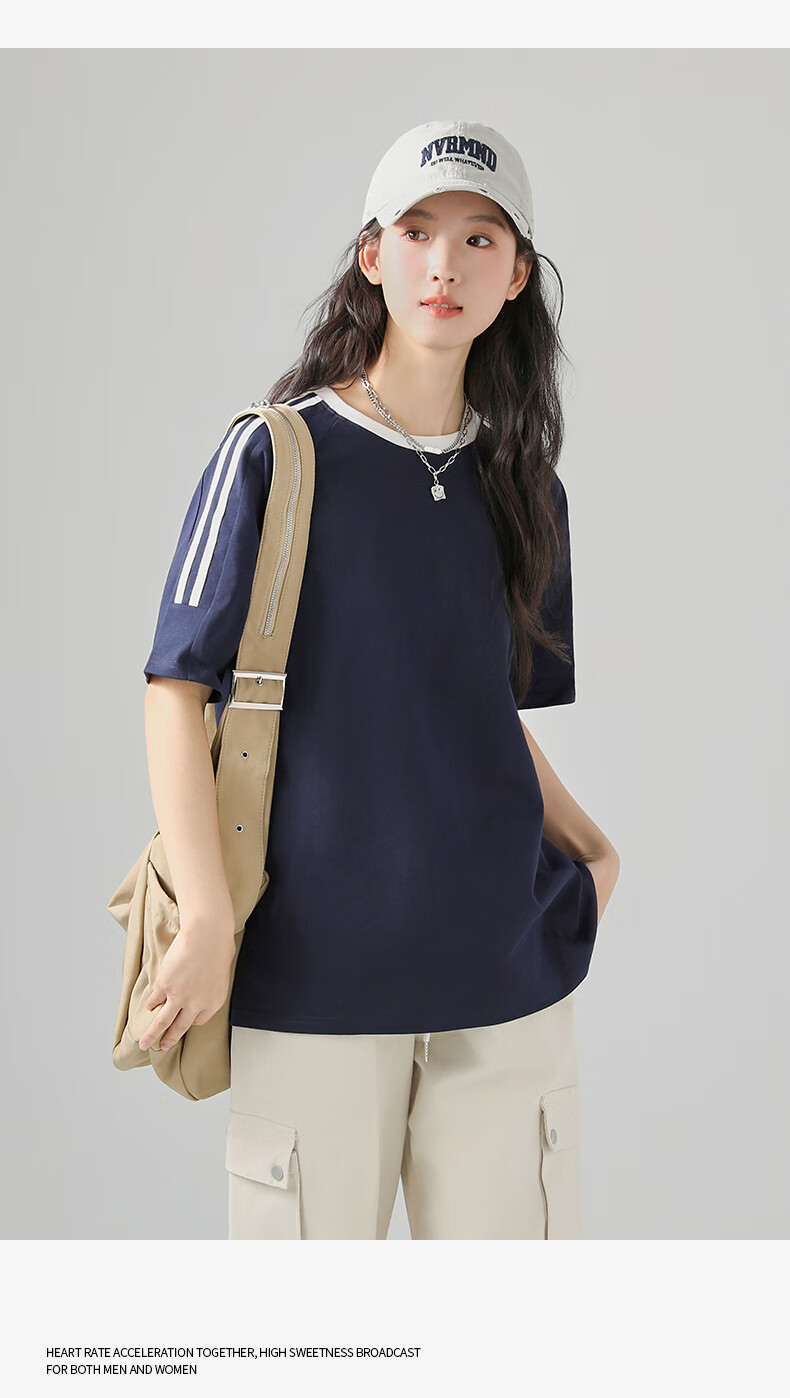 Jeanswest Women's Striped Short Sleeve T-Shirt Spring Summer New Two-Stripe Raglan American Style Cotton Loose Colorblock T-Shirt 16
