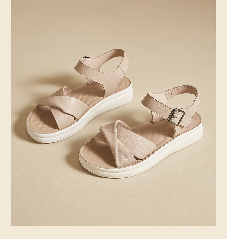 ZHR Zese First Layer Cowhide Thick Sole Sandals Women Summer Breathable Open Toe Comfortable Leather Soft Sole Single Strap Shoes EQ05 Beige Size 36 16