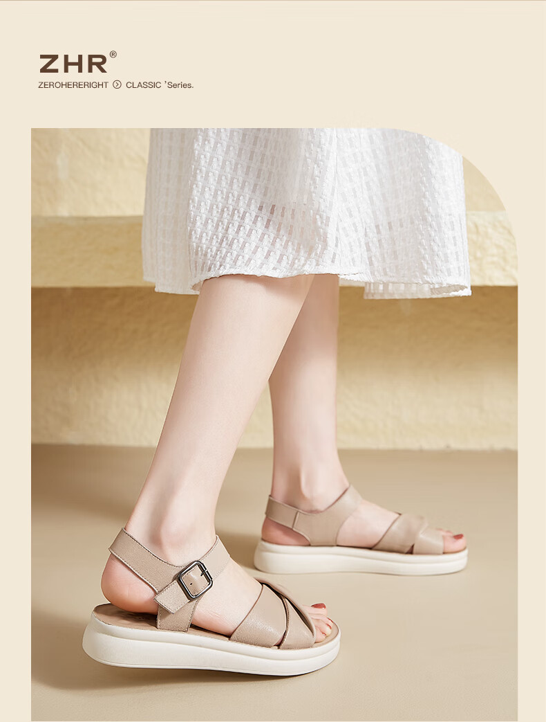 ZHR Zese First Layer Cowhide Thick Sole Sandals Women Summer Breathable Open Toe Comfortable Leather Soft Sole Single Strap Shoes EQ05 Beige Size 36 11