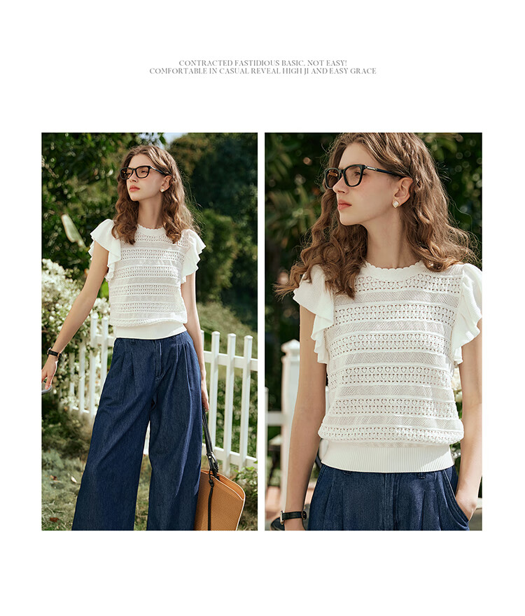 Olrain French Hollow Knitwear Women's Summer Loose Ruffle Sleeve Top Apricot White L 16