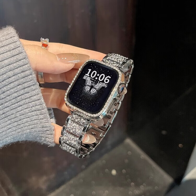 Biaodaige New Starry Sky Compatible with Apple Watch Band for Apple Watch S10/11, Full Diamond IWatch Summer Breathable Metal Women's Style with Silver Protective Case 42MM