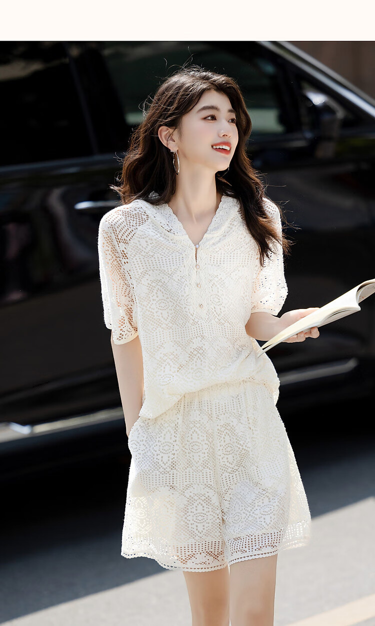 Demana Lace No-Fail Summer Hooded Lace Ribbon Top and Hollow Jacquard Pants Women's Two-Piece Set 13