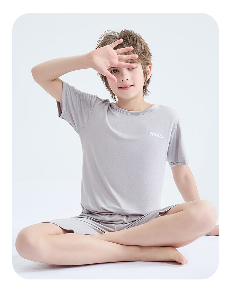 LangSha Children's Pajamas, Boys' New Summer Casual Short-Sleeve Shorts Thin Sleepwear Set, Loose Fit, Gray, Size 150 10