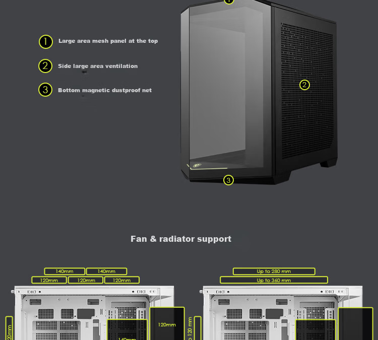 MSI Black Blade PLUS MAG PANO 100L PZ Panoramic View Computer Case (360mm Liquid Cooling/ATX Rear Mounting/Supports E-ATX Motherboard/Supports 50mm Graphics Card) 12