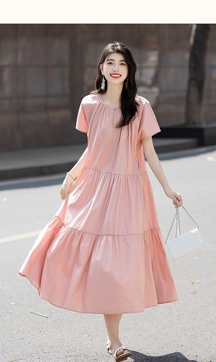 Demana Soft Mist Morandi Summer French Style Pure Cotton Round Neck Design Split Loose Waist Short Sleeve Women's Dress 17