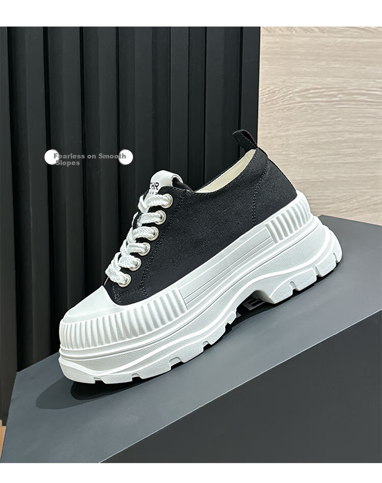 ZHR Canvas Shoes for Women, Lace-Up Thick-Soled Heightening Women's Shoes, Simple Versatile Casual Shoes, QT05 Black, Size 37 3