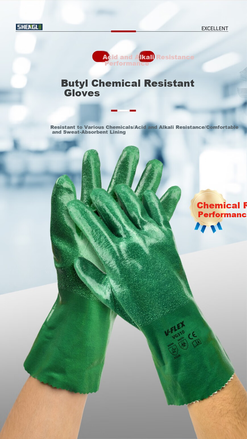 SHENGLI V-FLEX Nitrile Gloves, Acid And Alkali Resistant, Strong Oil-Resistant, Anti-Corrosion, Chemical Protective Gloves, 31cm EN374 Certified, Chemical Printing And Auto Repair Special VG310, Size L, 1 Pair 1