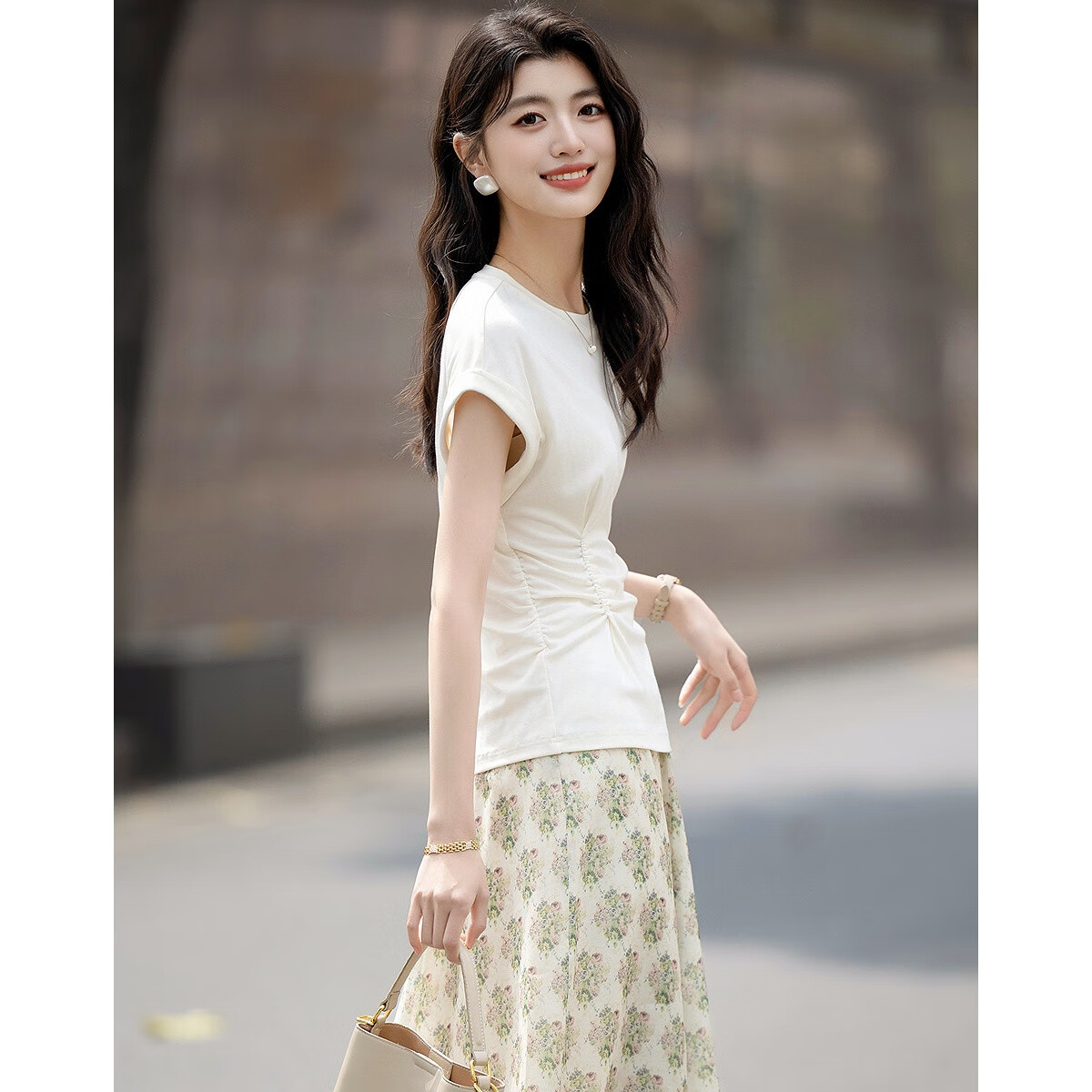 Dme [Containing Naked-Feel Lyocell] Summer Simple Round Neck Pleated Undershirt Short Sleeve Soft Stretch Comfortable Slimming Women's T-Shirt