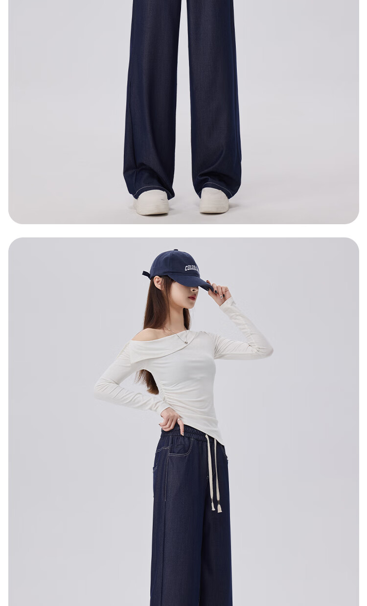 BOPRUIEY Faux Denim Straight-Leg Pants for Women, Lightweight And Flowy for Spring And Summer, High-Waisted Casual Pants with Elastic Waist, Slim-Fit Wide-Leg Trousers 12