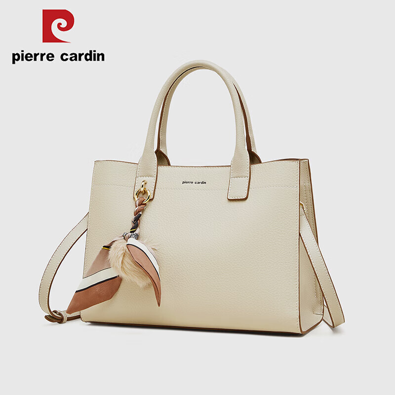 Pierre Cardin Top-Grain Leather Women's Handbag, Shoulder Crossbody Mom Bag, Holiday Birthday Gift, Beige, with Free Gift Box