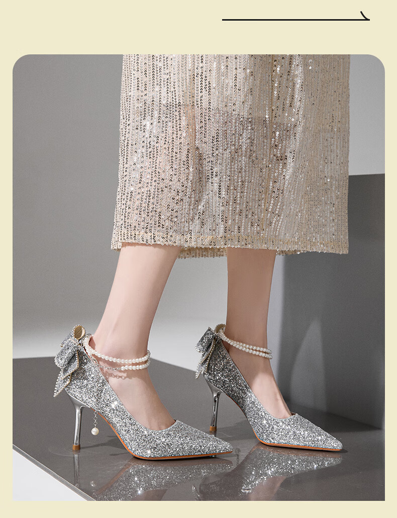 ZHR High Heels for Women, Fairy Crystal Wedding Shoes, Pearl Pointed Toe Shoes, Thin Heel Shallow Mouth Pumps, Suitable for Dresses, IE01 Silver Color, Size 39 16