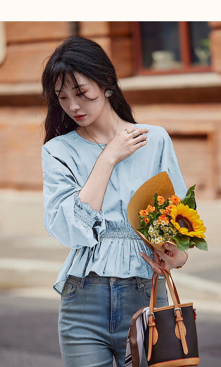 Dme [Will Breathe Cotton] Spring And Autumn French-Style Relaxed Round Neck Smock Waist-Cinching Drop Shoulder Slimming Shirt Women's Top 38