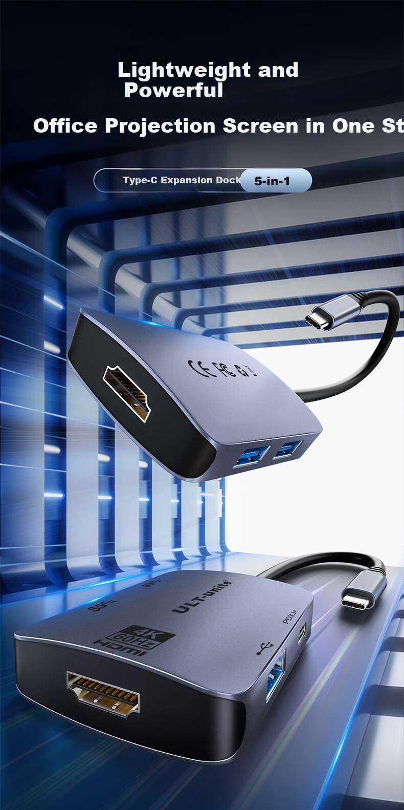 ULT-Unite Type-C Expansion Dock, USB3.0 Hub, HDMI Adapter, Compatible with Apple MacBook Computers, Converter for 4K60Hz Screen Casting, PD Charger, Five-I 1