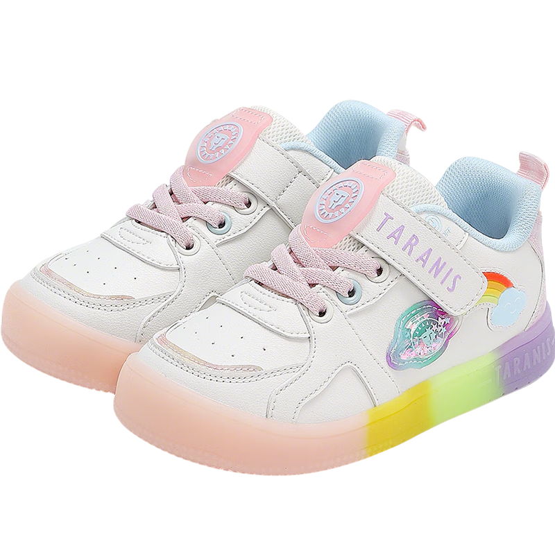 TARANIS Autumn Children's Light-Up Sneakers, Girls' Controllable Switch Skateboard Shoes, Non-Slip Glow-In Shoes, White/Colorful, Size 26