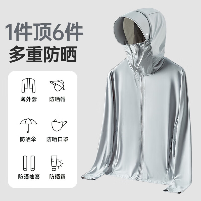 BWNK Men's Lightweight Breathable Quick-Dry Gray Sun Protection Outdoor Sports Long Sleeve Jacket with Large Hood for Summer