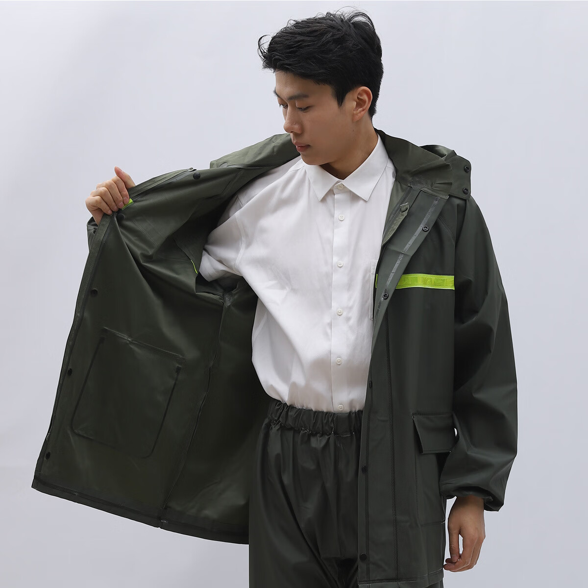 BAIGE High-Visibility Reflective Two-Piece Raincoat and Rain Pants Outdoor Adult Anti-Storm Rider Duty Flood Control Knitted Fabric Hooded Set Two-Piece Set Green 2XL CW714081 4