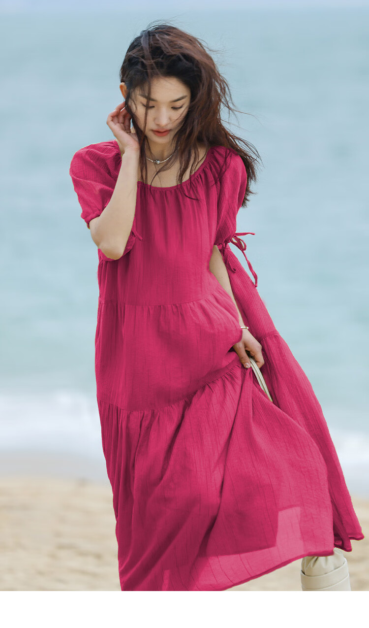 Dme Relaxed Fit Round Neck Long Dress Summer Vacation Fabric Textured Sleeve Cuff Drawstring Design Dress 7