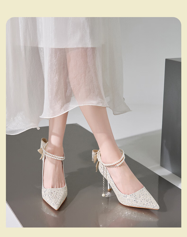 ZHR High Heels for Women, Fairy Crystal Wedding Shoes, Pearl Pointed Toe Shoes, Thin Heel Shallow Mouth Pumps, Suitable for Dresses, IE01 Silver Color, Size 39 13