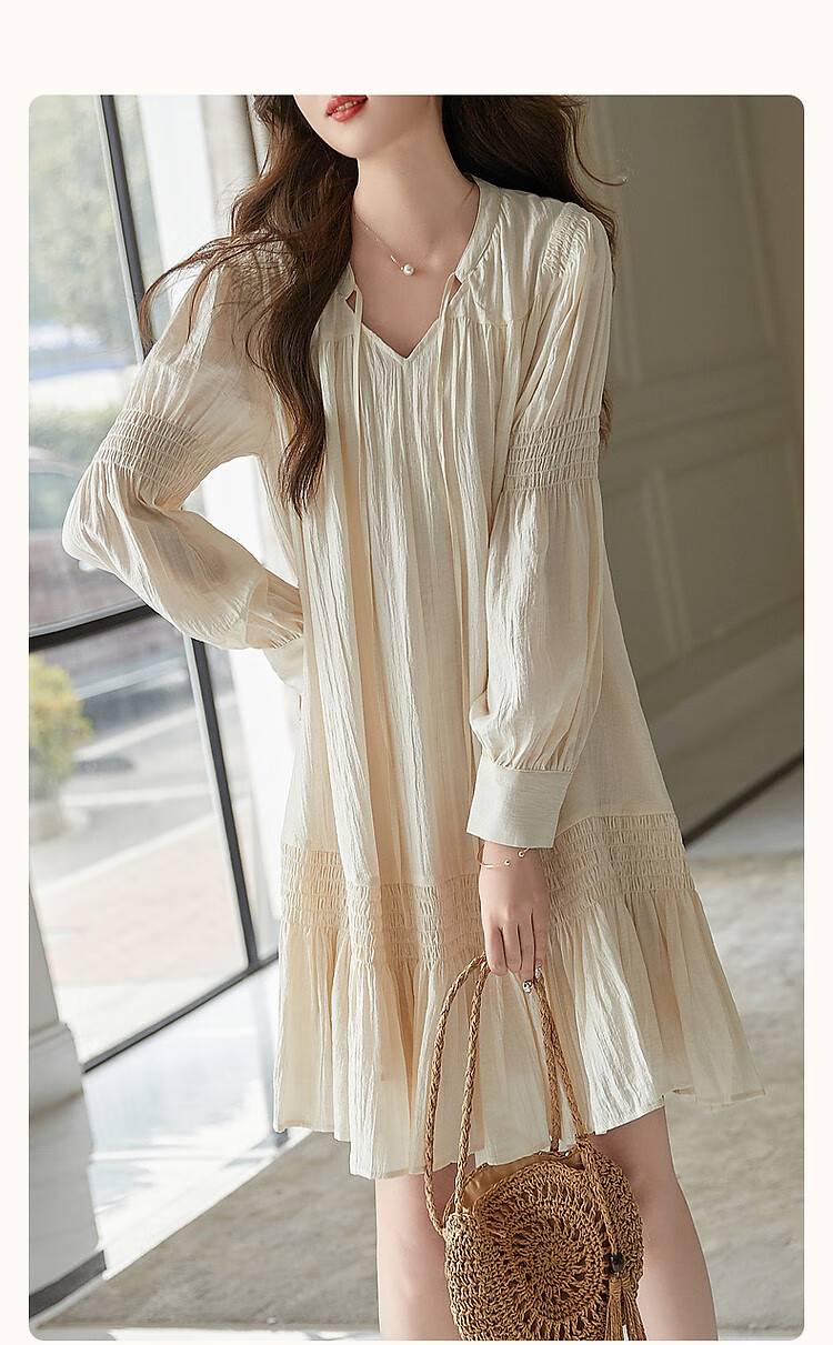 Dme [Fujia Qianjin] Spring And Autumn V-Neck Palace Sleeve Tie-Waist Adjustable Lady's Dress, Short Style 1