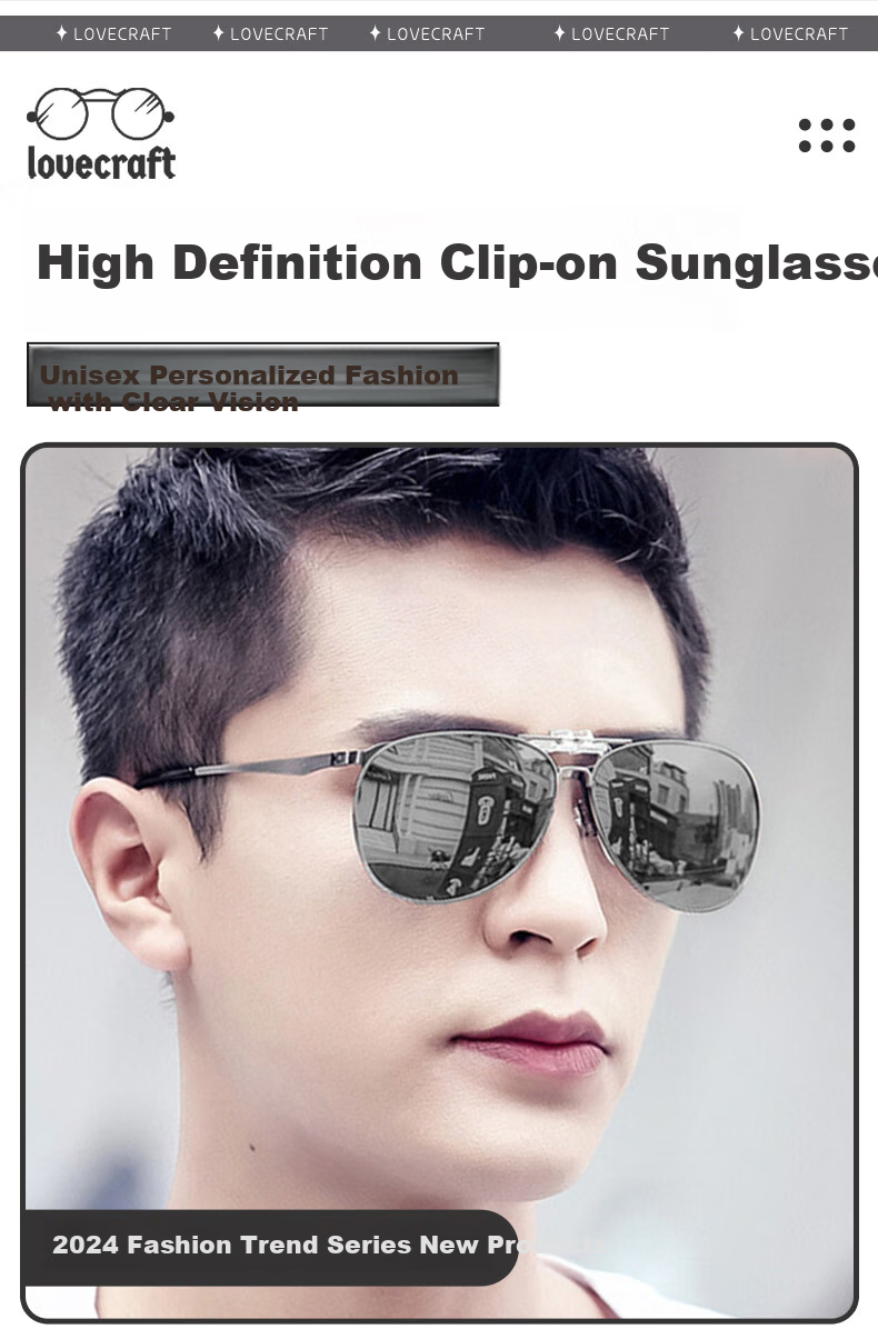 LOVECRAFT Myopia-Specific Sunglasses Clip-On for Men And Women, Driving-Specific Polarized Clip-On - Black Frame with Gray Lenses, UV Protectio 15