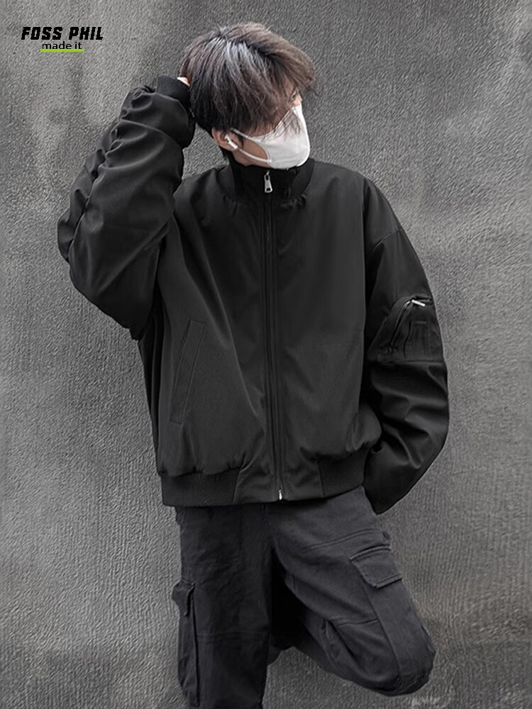 Foss Phil Men's Flight Jacket, Spring And Autumn American High Street Style, Versatile Short Baseball Coat, JK001 Black L 14