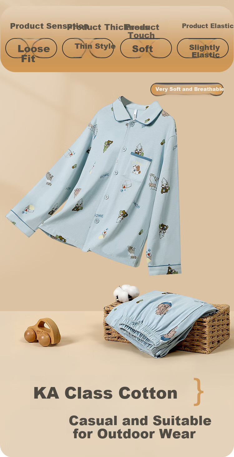 Hodohome Children's Pajamas Girls' Class A Pure Cotton Loungewear Cartoon All-Over Print Long-Sleeve Cardigan Set 108 130 2