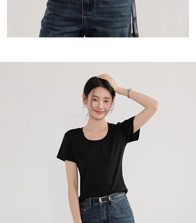 Woodpecker Solid Color Short Sleeve Women's T-Shirt 2025 Summer New Round Neck Regular Shoulder Fashion Casual Versatile Top Black M 12