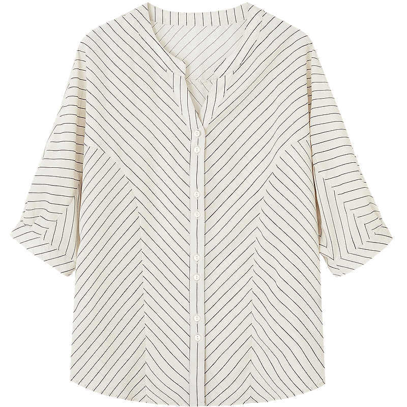 Dme [Unwearable Stripes] Summer Elegant V-Neck Patchwork Shirt, Connected Sleeves, Loose And Comfortable Blouse, Women's Top