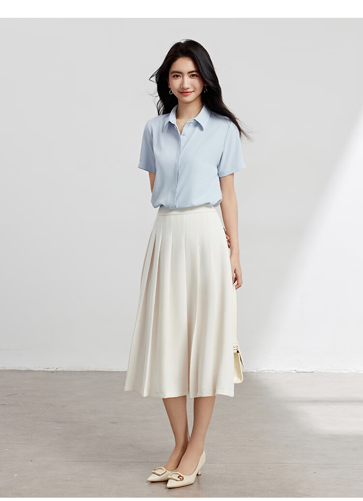 Bodexiaojie Blue Chiffon Short-Sleeve Blouse for Petite Women, Professional Work Top, Interview Formal Wear Shirt, Size L 10