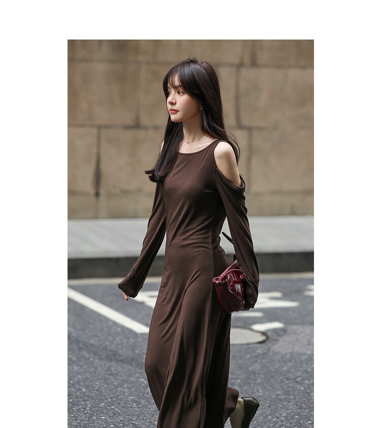 Mt [Nanfa Jingshuo] Spring French Elegant Style, Off-Shoulder Long Sleeve, High Elasticity Slim Fit Long Dress for Wome 4