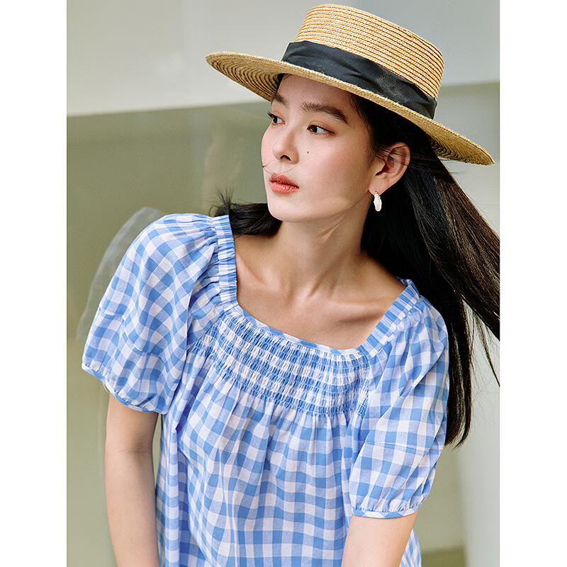 INMAN 100% Cotton Sweet Plaid Shirt 2026 Summer New Women's Slim Waist Pleated Blouse Light Blue Plaid XL