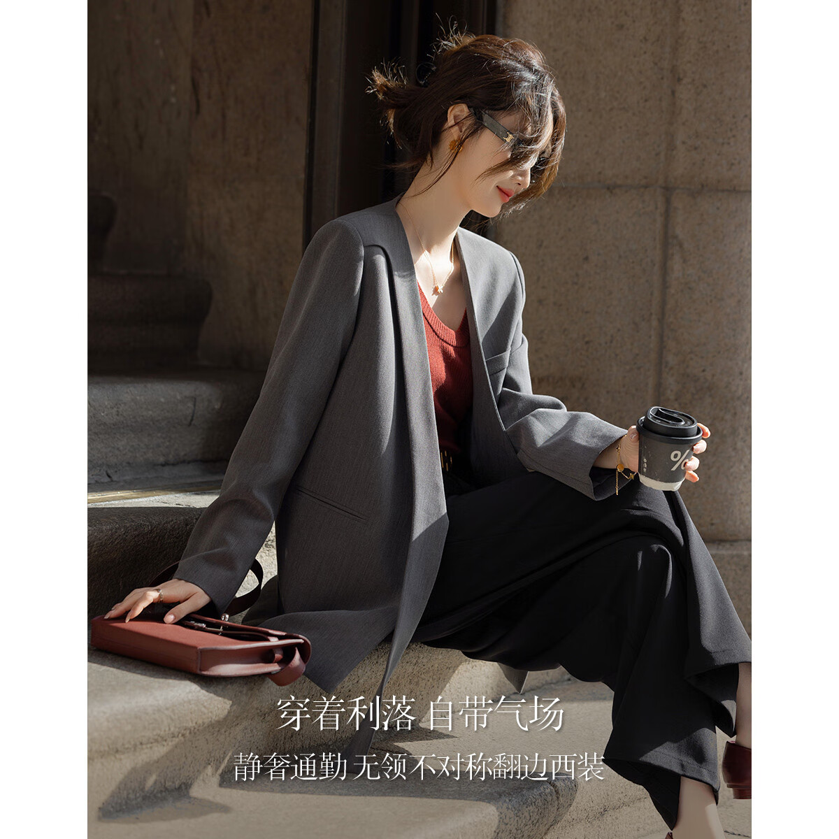 Dme [Jingshuo Tongkun] Spring And Autumn Stylish Lapelless Asymmetric Turn-Down Blazer, Simple Slim-Fit Short Suit Jacket for Wome