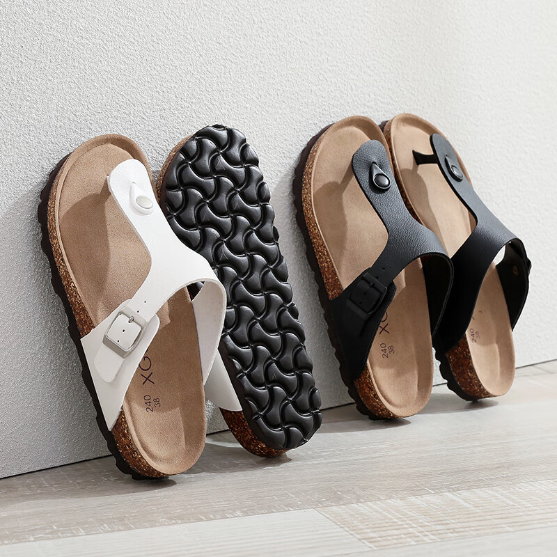 XGGC Cork Slippers for Men, Summer Flip-Flops, Sandals, Thong Sandals, Flat-Bottomed Couple's Large Size Birkenstock Shoes for Women, White, Size 39