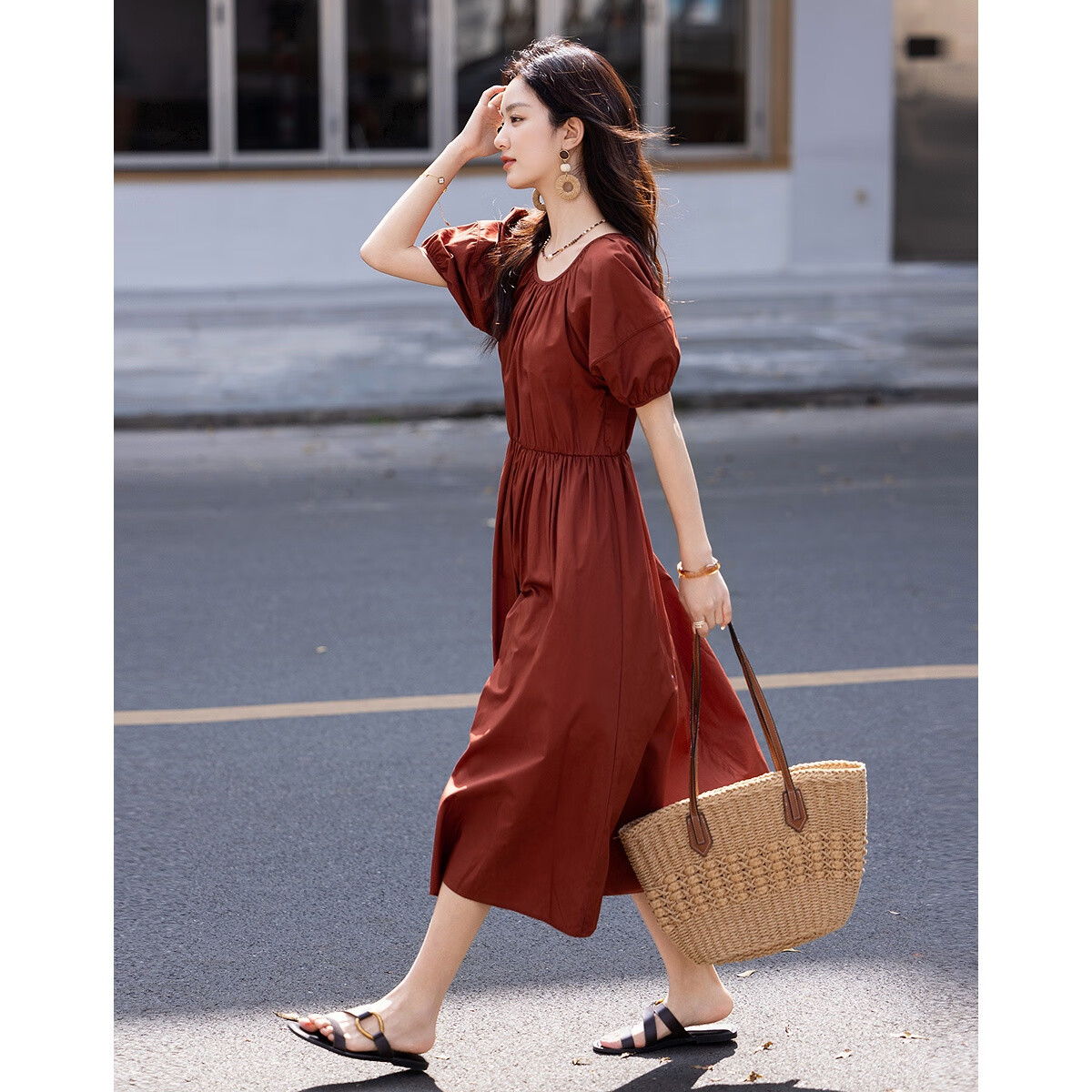 Demana [Klein Blue] Summer French Style Pure Cotton Gathered Loose Waist Puff Sleeve A-line Mid-length Women's Dress