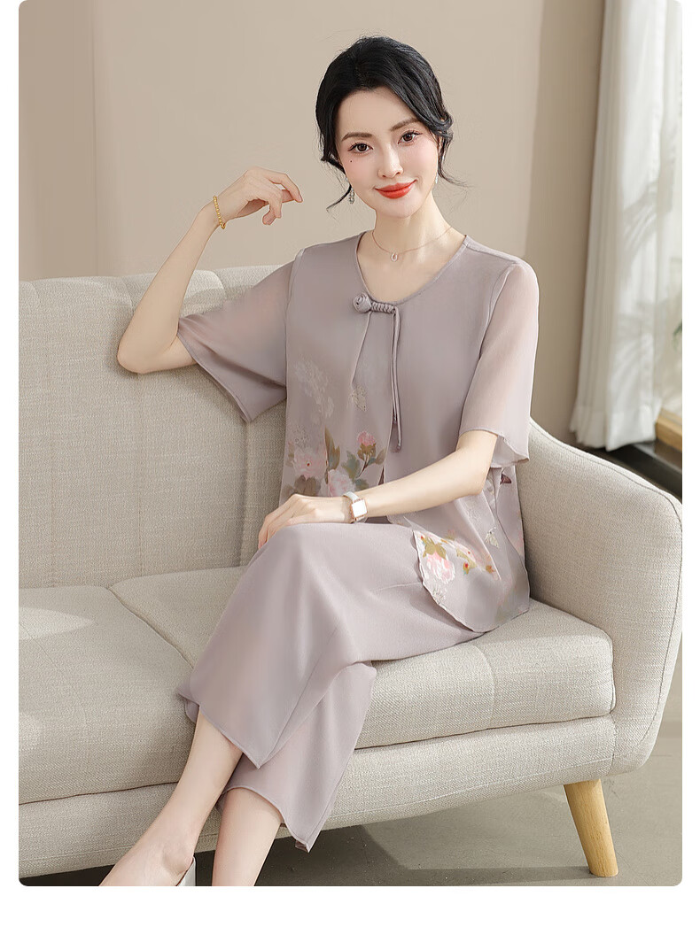 Hengyuanxiang Mother's Day Gift Practical Summer Chiffon Short Sleeve Suit for Mom, Stylish Middle-aged and Elderly Women's Clothing for 50s and 60s 5