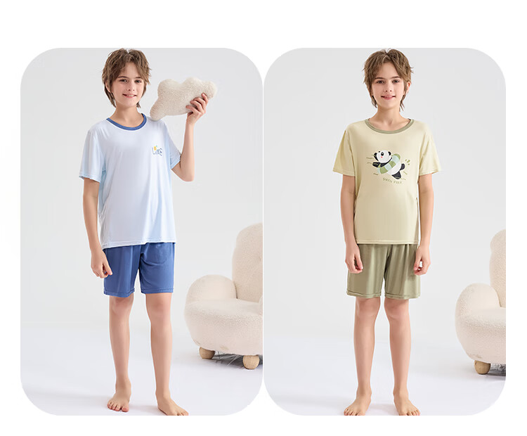 LangSha Children's Pajamas, Boys' Summer Thin Style, Baby Short-Sleeve Shorts, Air Conditioning Wear, for Older Children, Home Wear Set, Size 150 3