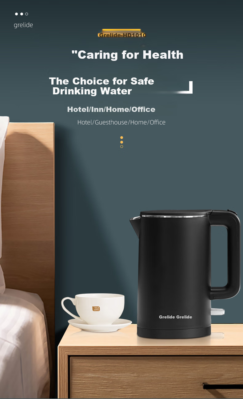 Grelide Electric Kettle, 1000W Low Power, for Student Dormitory, 1L Capacity, Double-Layer Anti-Scalding Design, Hotel-Grade 304 Stainless Steel Seamless Inner Pot, Hot Water Kettle HD1010 1