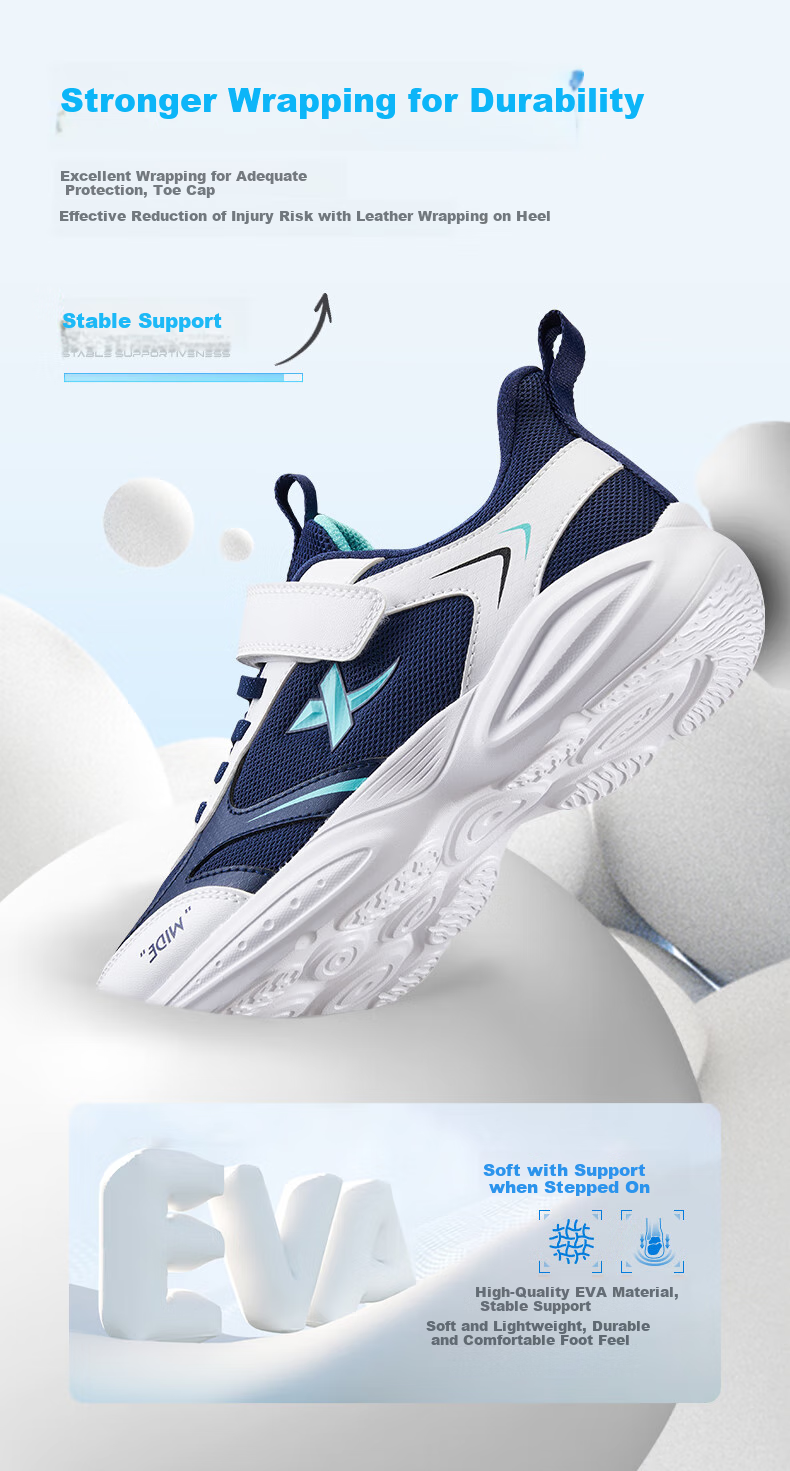 XTEP Children's Shoes, Boys' Mesh Leather Simple Versatile Velcro Strap Running Shoes, Deep Blue, Size 40 6