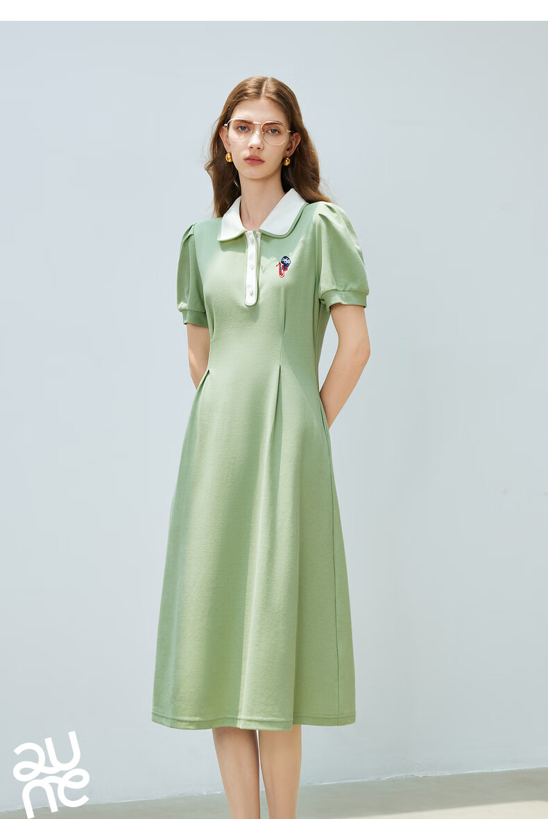Chuyu Polo Collar Dress with Waist-Cinching Slimming Effect for Women, New Summer 2025 A-Line Short-Sleeve T-Shirt Midi Skirt, Gray, Size S 35