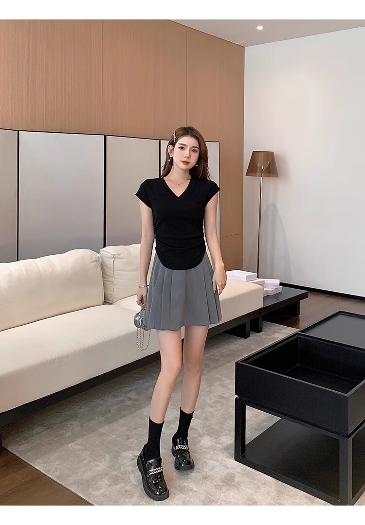 Woodpecker Women's V-Neck Short Sleeve T-Shirt 2025 New Spring Summer Slim Fit Waist Drawstring Casual Niche Top Black S 8