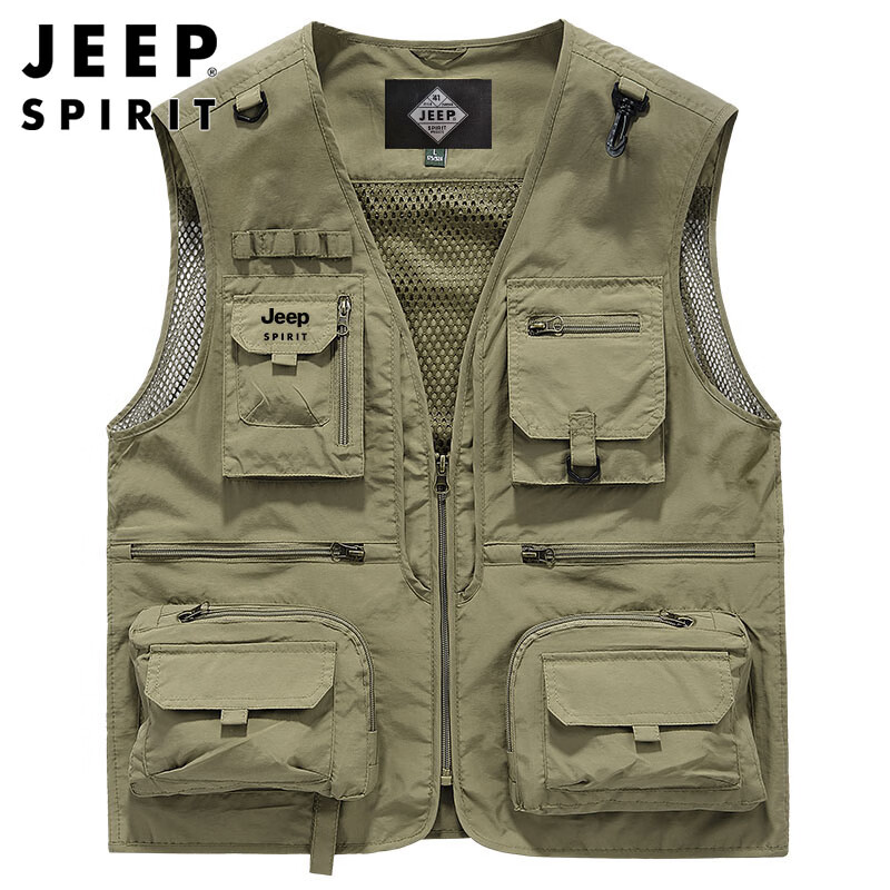 JEEP SPIRIT Men's Workwear Vest Spring Summer Fishing Functional Multi-Pocket Jacket Khaki 3XL