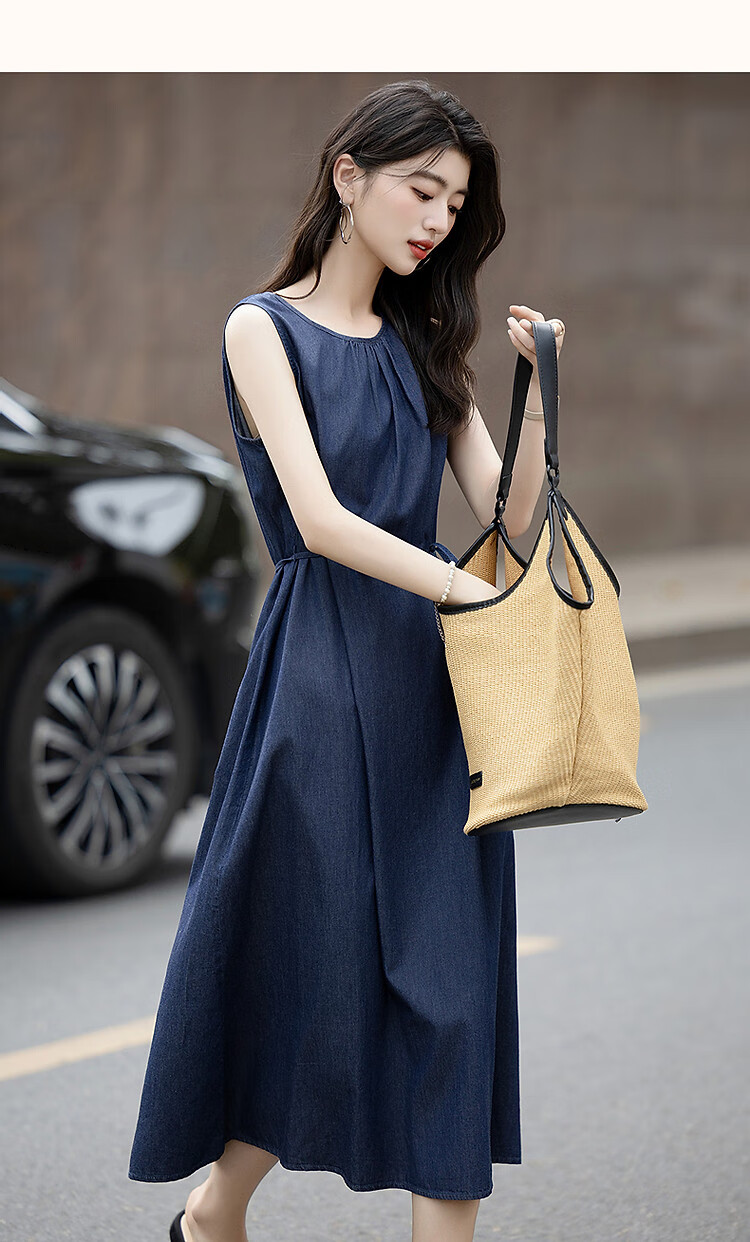 Demana Pure Cotton Private Talk Summer Lightweight Slim Pleated Round Neck Denim Sleeveless Tie Women's Dress 9