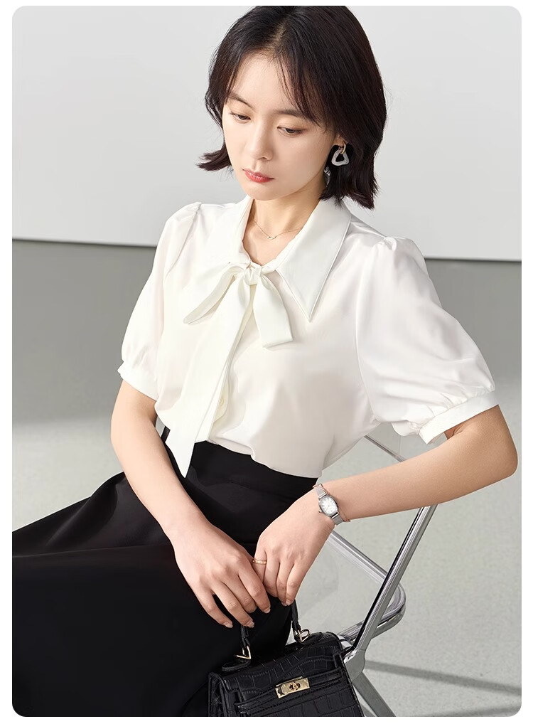 Bodexiaojie Blue Short-Sleeve Shirt for Women, Urban Daily Commute Outfit, Petite Chiffon Blouse, Interview Professional Shirt, Size S 11