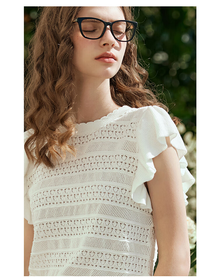Olrain French Hollow Knitwear Women's Summer Loose Ruffle Sleeve Top Apricot White L 19