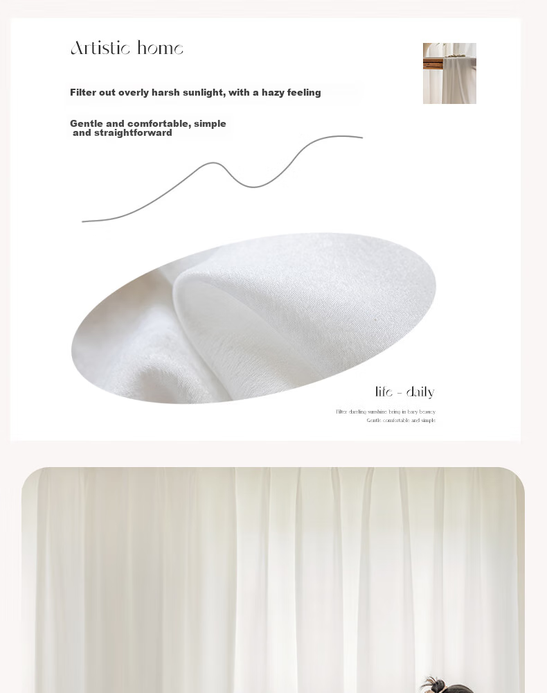 Ali Sheer Curtain for Balcony, Living Room Bay Window, Bedroom, Nordic Style, White Gauze, Width 3*2.6m, Hook Style, Single Panel 12