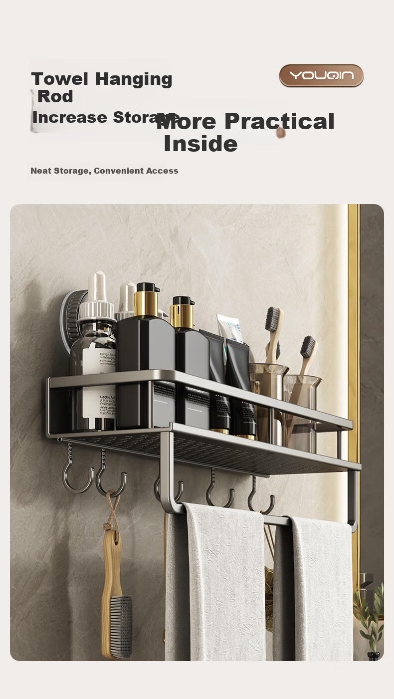 YOUQIN Suction Cup Bathroom Storage Rack, No Drilling Required, Wall-Mounted Toilet Shelf, Bathroom Vanity Organizer 6