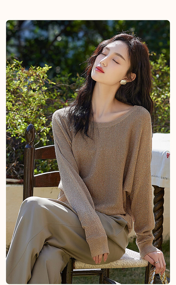 Dme [Jinsimian Sha] Spring And Autumn Lightweight Mature Retro Style Ribbed Round Neck Sweater, Batwing Sleeve, Concealing Knit Sweater, Women's Top 2