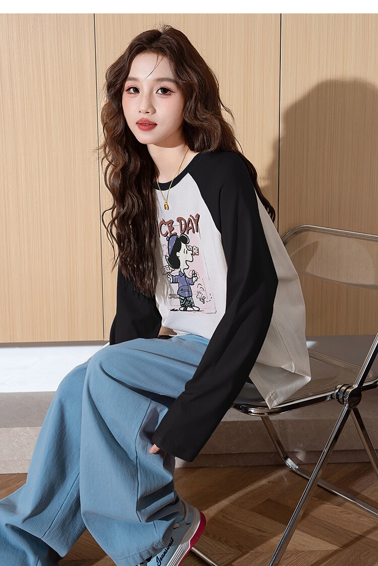 TonLion Autumn And Winter Long-Sleeve T-Shirt for Women, Wearable As Outerwear, Knitted Front Chest Cartoon Photo Raglan Long-Sleeve T-Shirt, Women's Clothing with A High-End Feel 9