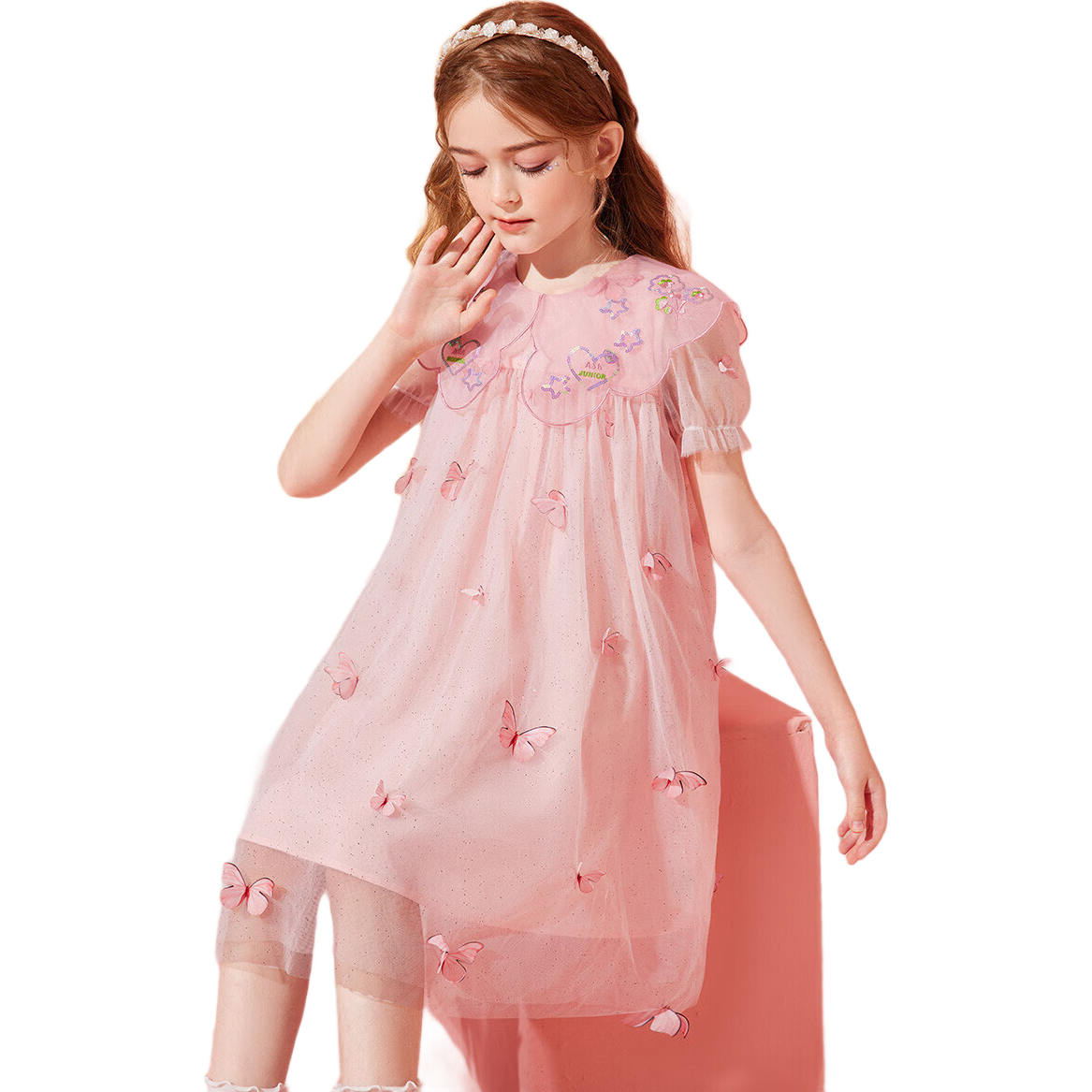 ASK JUNIOR Girls' Summer Dress, Children's Lightweight Fairy-Like Butterfly Mesh Fashion Doll Collar Princess Dress